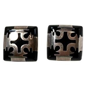 Vintage Cut-Out Sterling Overlay Onyx Square Clip Earrings Mexico